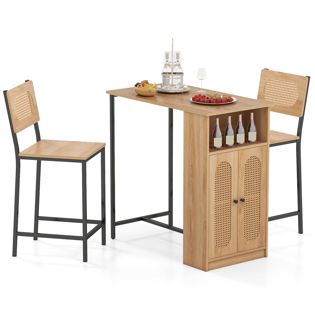 3-Piece Bar Table and Chairs Set with Storage Shelves and Footrests-Natural