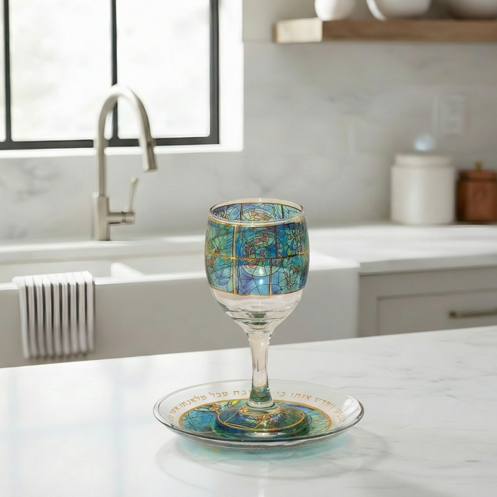 Chagall-Inspired Kiddush Cup with Laser Engraving and Base – Chagall Glass Series
