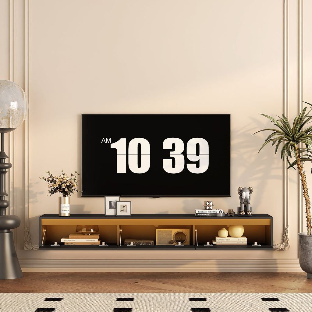 TV Stand Wall-Mounted Floating LED Black MDF 3 AC 2 USB Fits 65 In TV