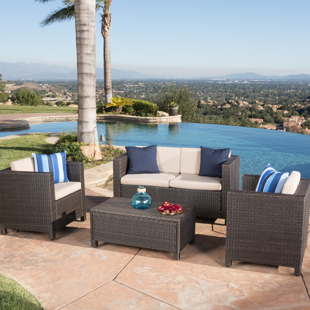 Outdoor Patio Set PE Rattan Dark Brown 4 Piece Loveseat Chairs Coffee Table