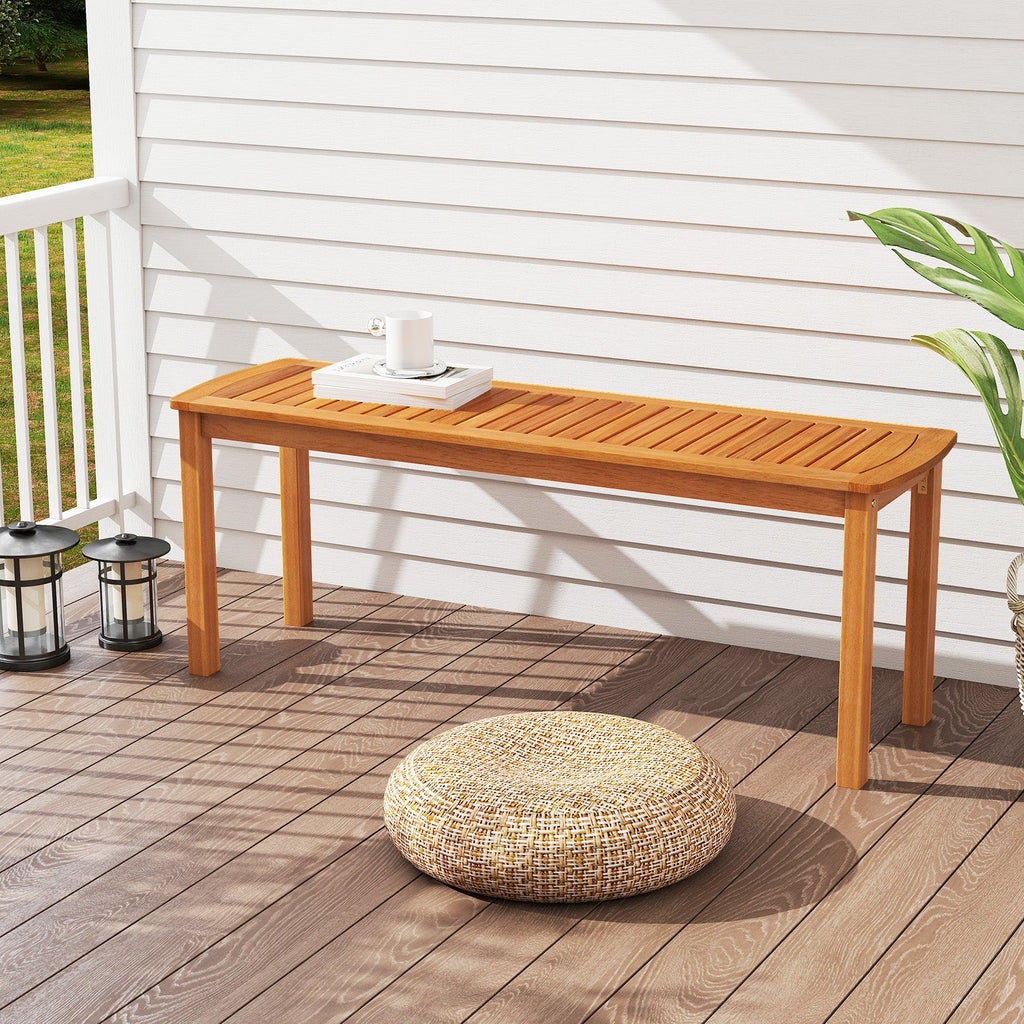Acacia wood outdoor bench with slatted seat for garden