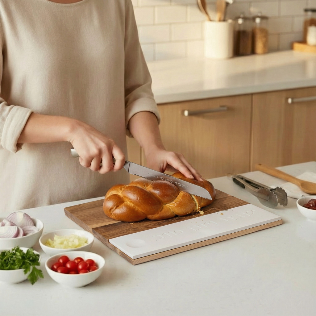 Shabbat challah tray made of high-quality wood with concrete base and knife – Board & Blade series