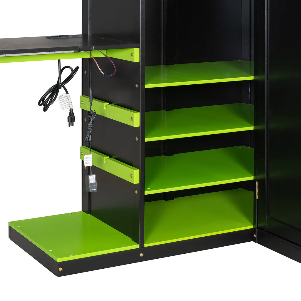 Full Size Wood Loft Bed with Desk, Multi-storage Shelves,USB and RGB Light,Green