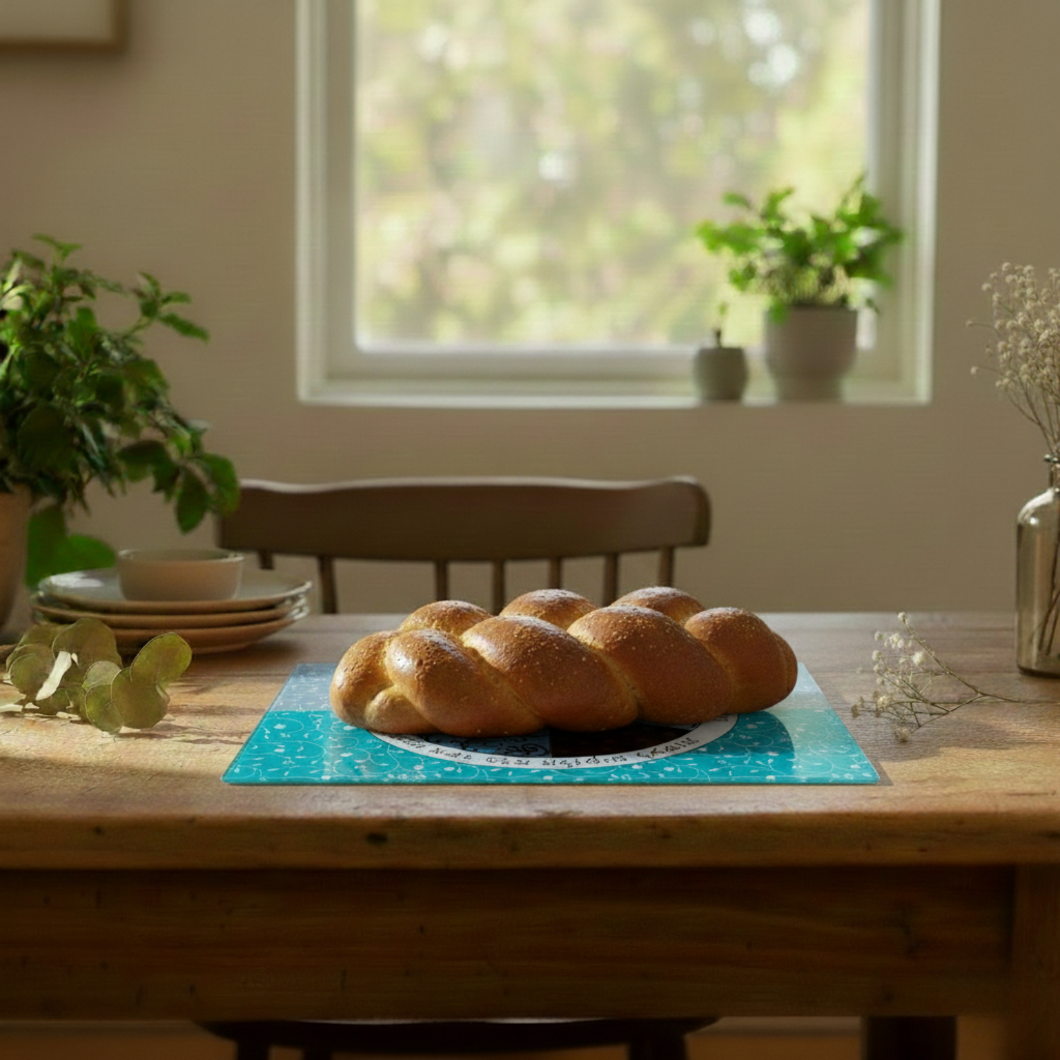 Artistic Glass Challah Tray with Unique Design - Aqua Spirit series