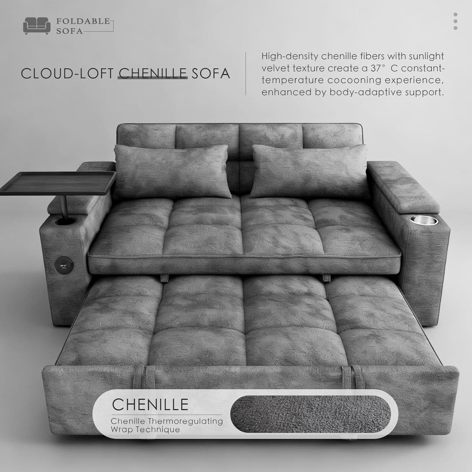 65Inch Grey Chenille Convertible Sleeper Sofa Table