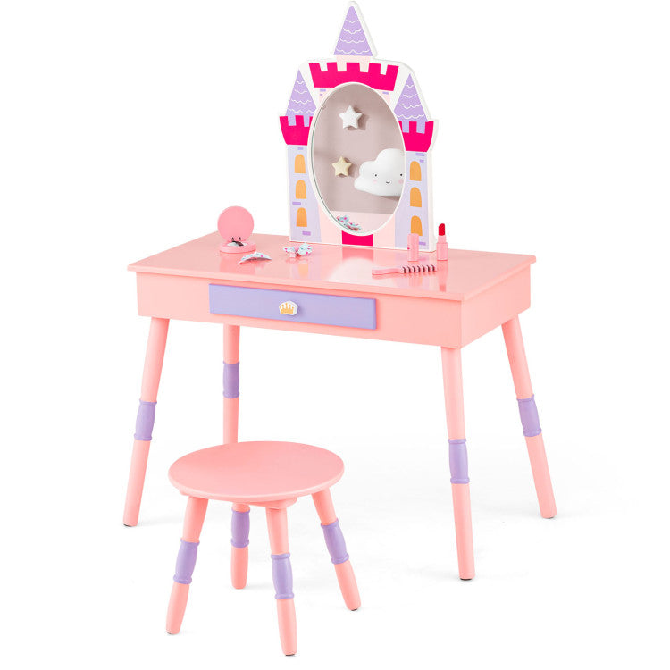 3 Pieces Kids' Room Bundle: Twin Bed Frame Wardrobe Closet Vanity Table and Stool Set