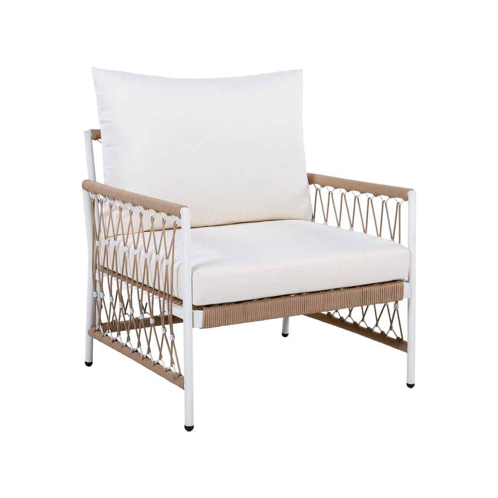 Outdoor Patio Set Bohemian Rope Steel Beige 3 Piece Glass Top Table