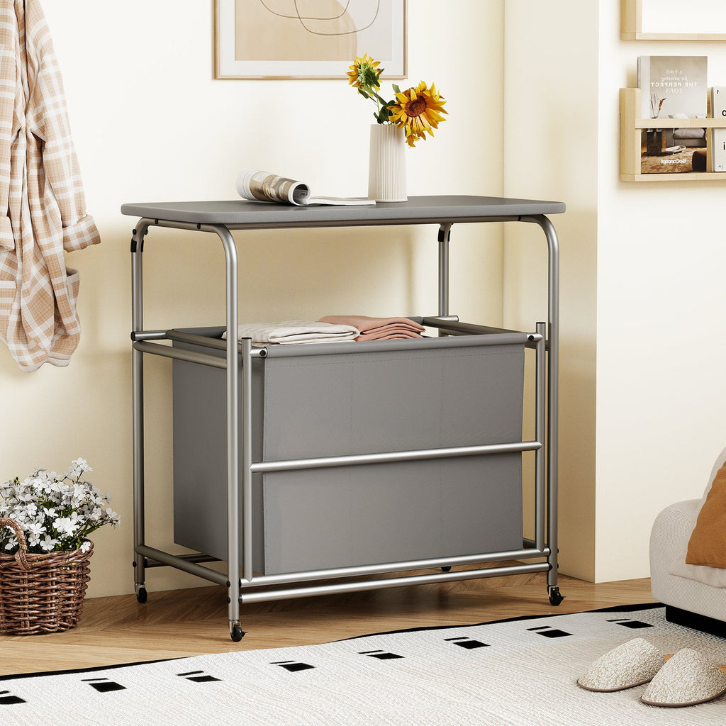 3-Section Laundry Sorter with Foldable Ironing Board and Lockable Wheels-Gray