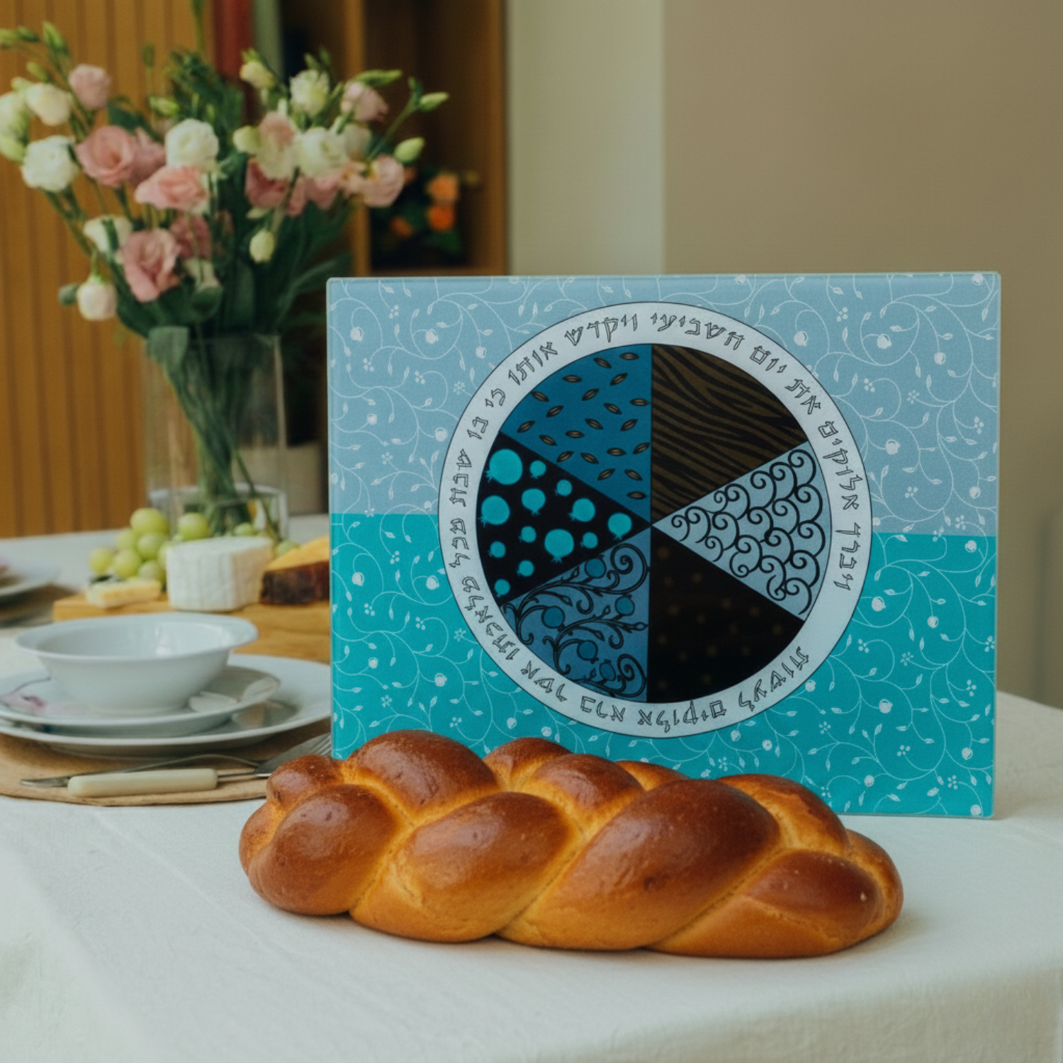 Artistic Glass Challah Tray with Unique Design - Aqua Spirit series