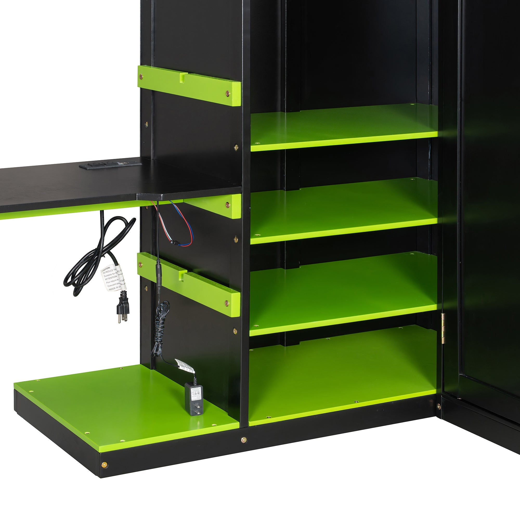 Full Size Wood Loft Bed with Desk, Multi-storage Shelves,USB and RGB Light,Green