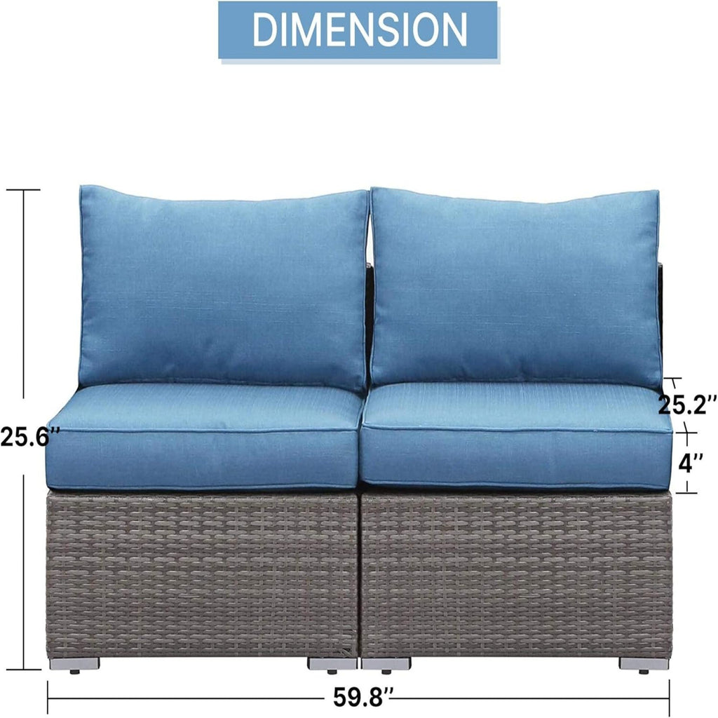 Outdoor Patio Sofa Set PE Rattan Blue 2 Piece Armless Modular
