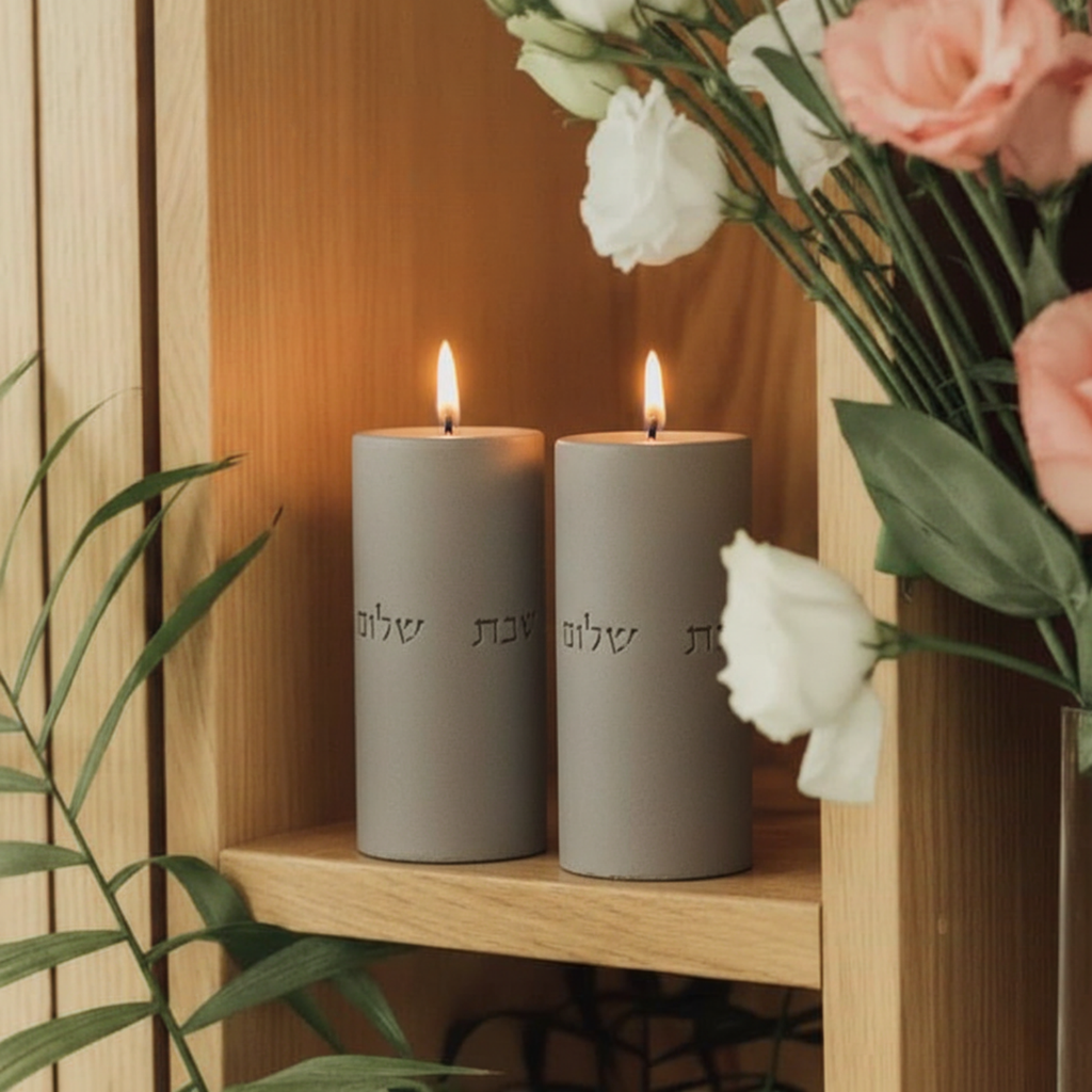 Set of Shabbat Candle Holders with a Designed Concrete Tray - Stone Glow Series