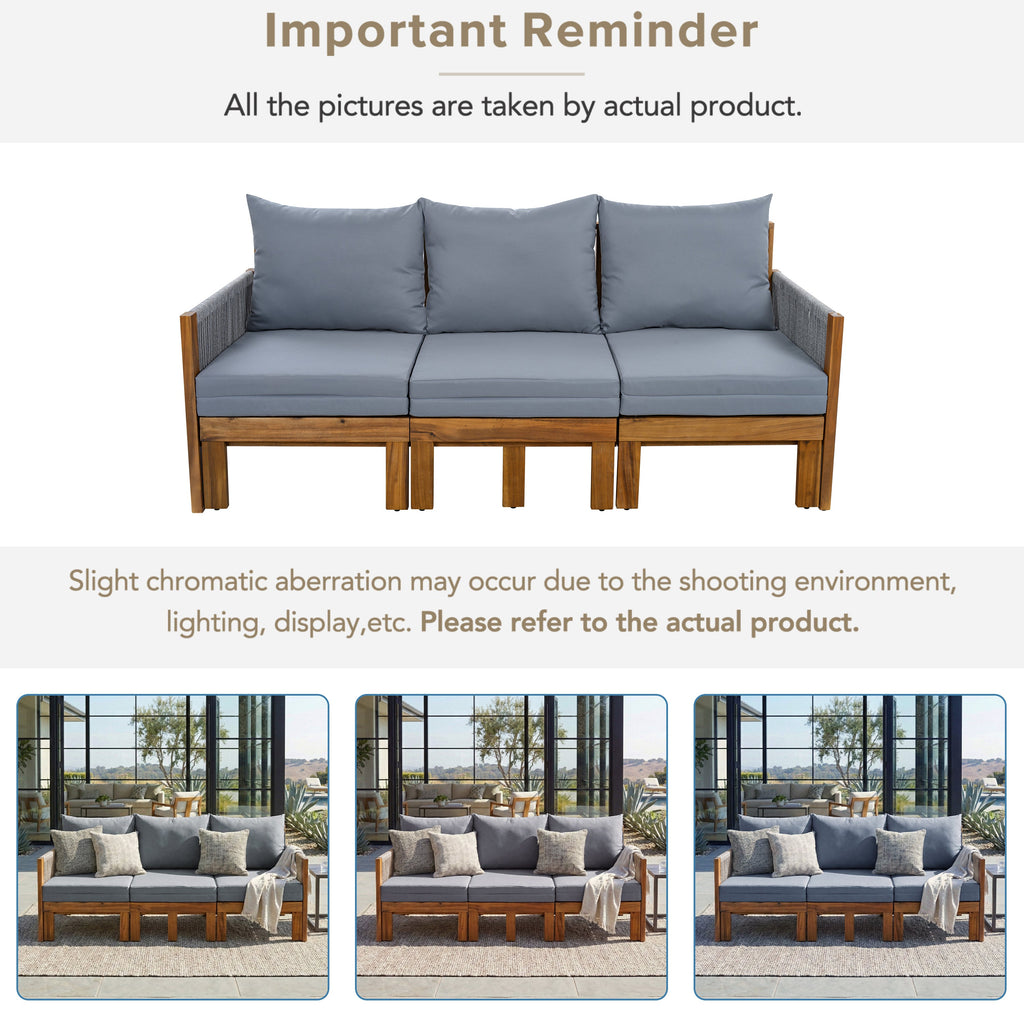 Chaise Lounge Acacia Wood Rope Natural Gray Cushion Convertible 3 Seat