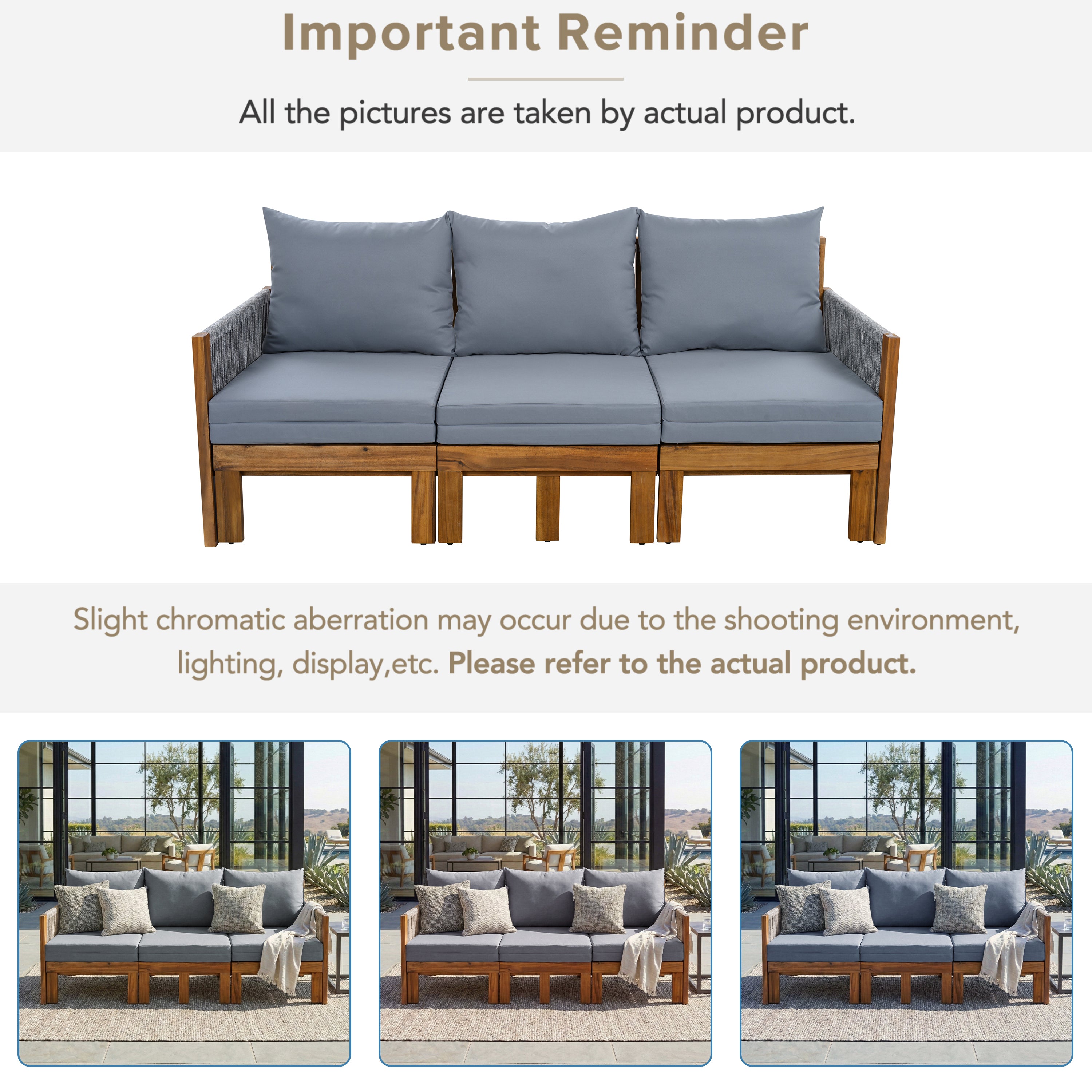 Chaise Lounge Acacia Wood Rope Natural Gray Cushion Convertible 3 Seat