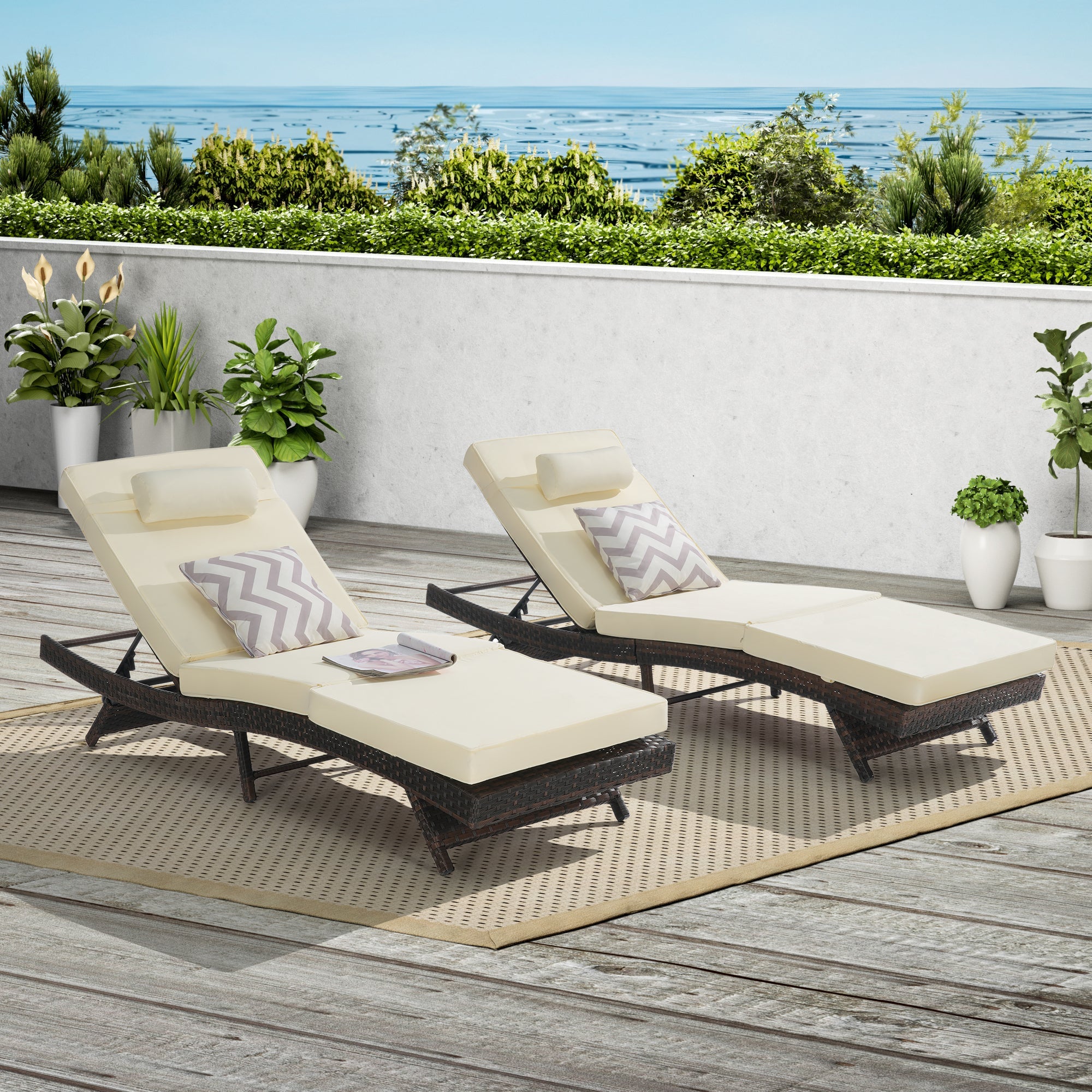 Outdoor Reclining Lounge Chair Wicker Khaki Set of 2 150 Degree 600 LB