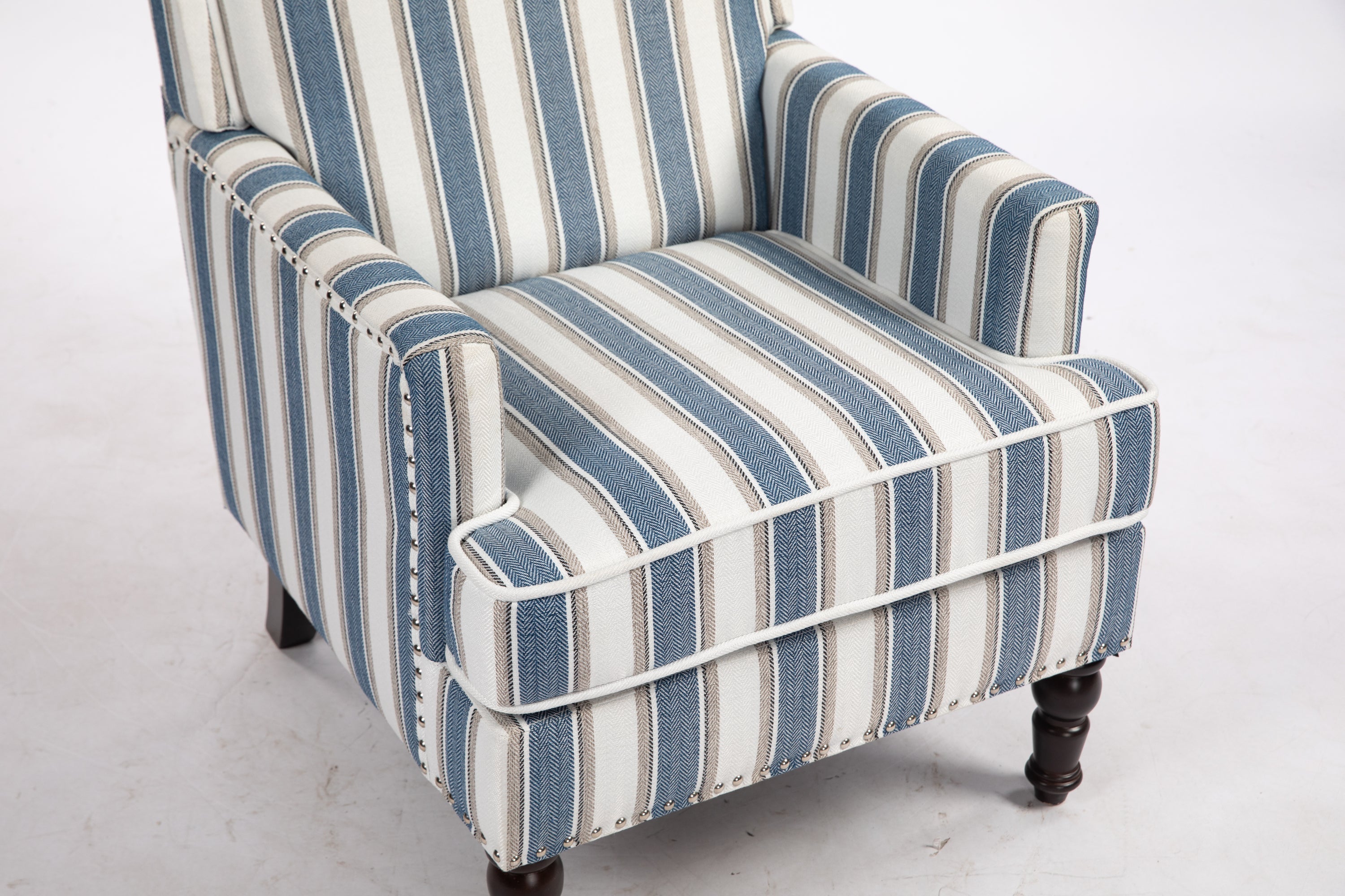 Accent Chair Vintage Striped Linen Blue White Nailhead Solid Wood Legs