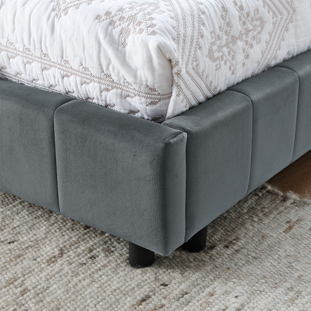 Mid-Century Storage Upholstered Tufted Bed Frame With Backrest And Armrests