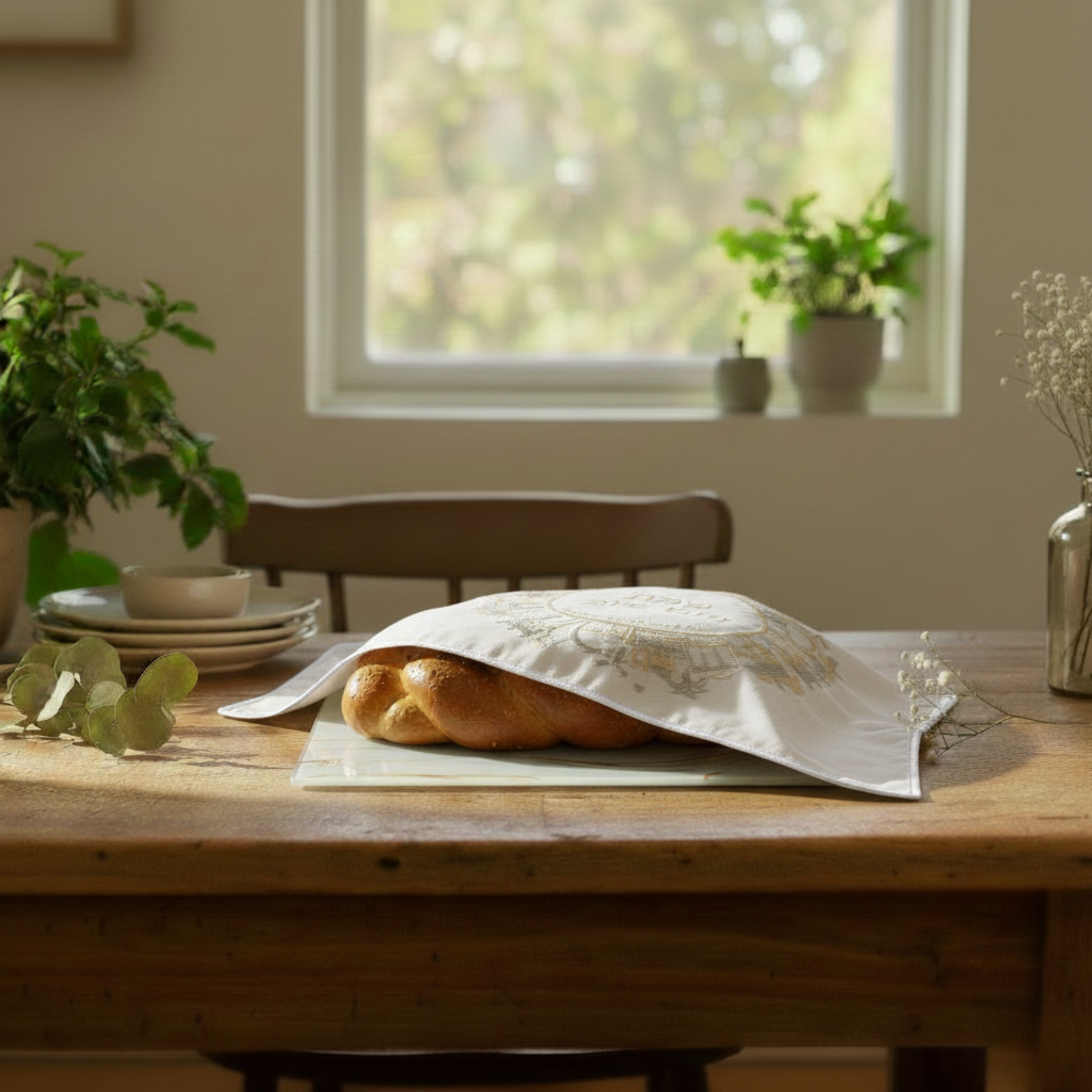 Unbreakable glass Shabbat challah tray in a golden marble design - Marble Gold Series
