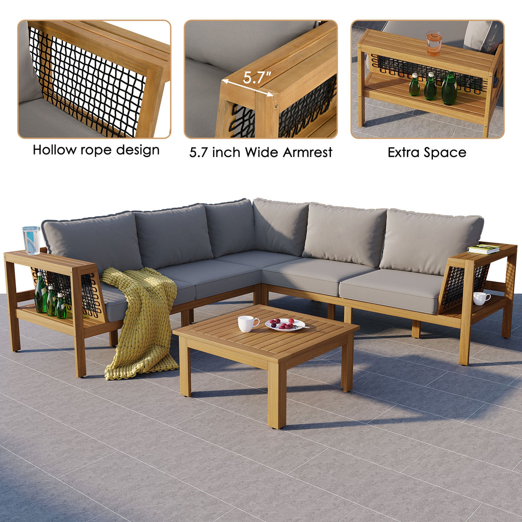 Outdoor Sofa Set Acacia Wood Rope Gray Cushion 4 Piece L-Shape Seats 6