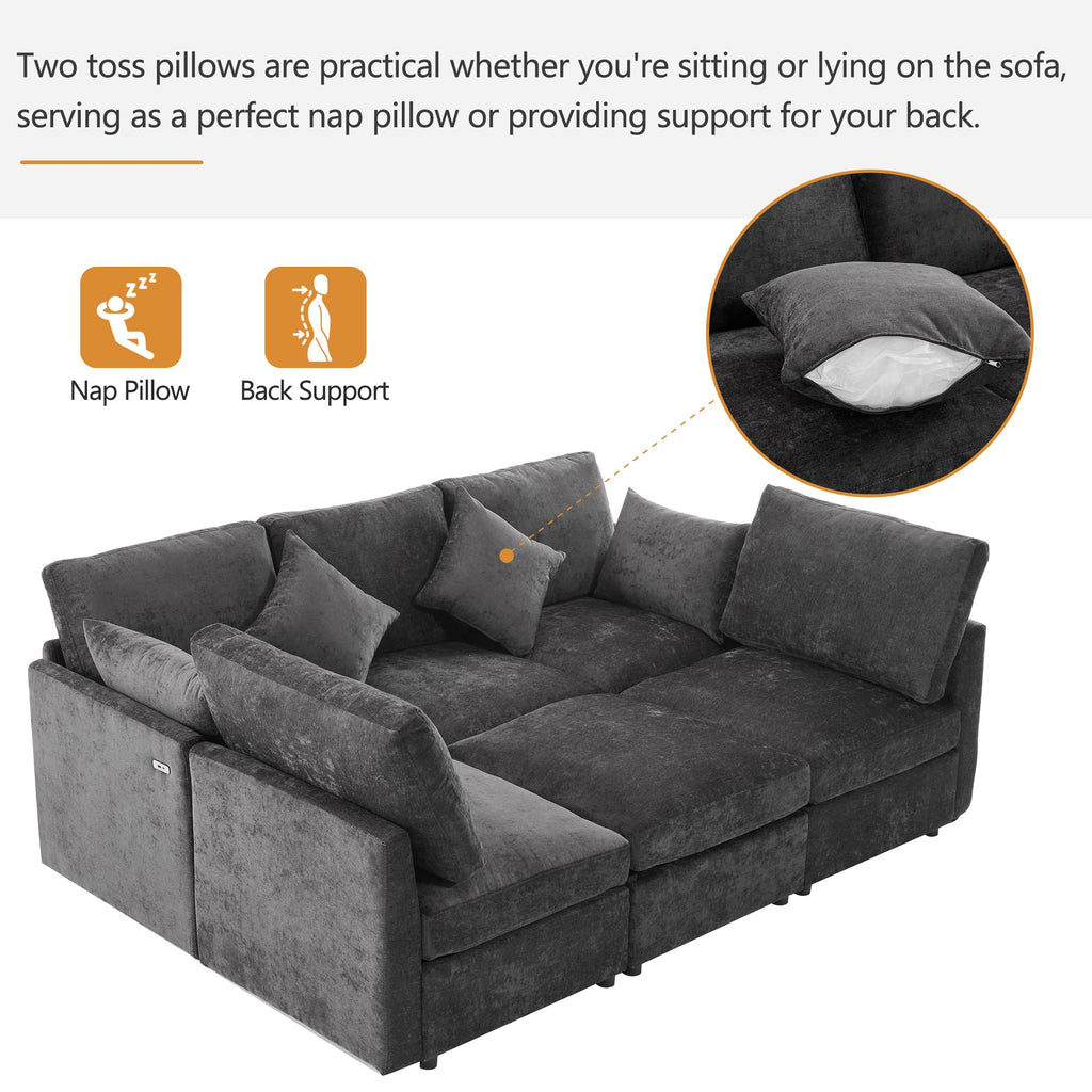 Sectional Sofa U-Shape Modular Chenille Black 5-Seat USB Ports 86.6x61.4 In