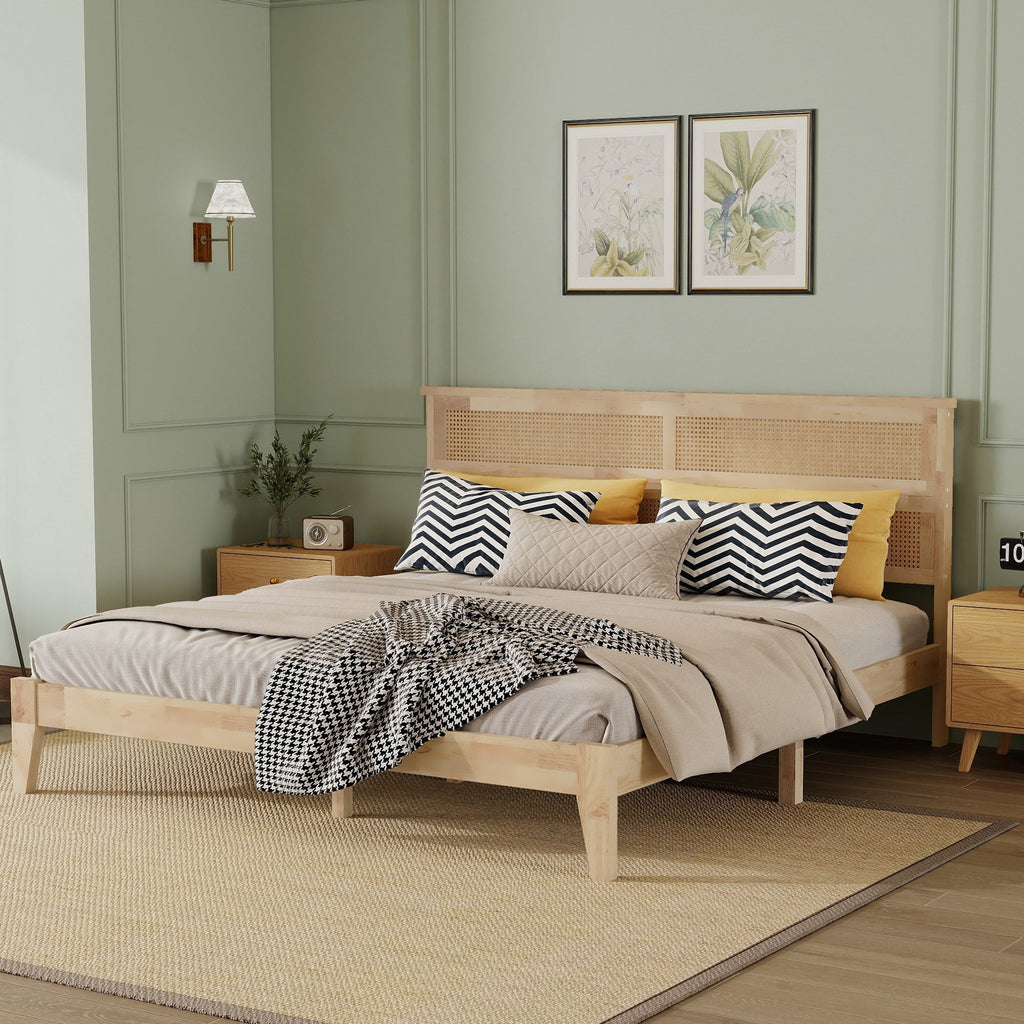 King Size Solid Wood Bed with Rattan Headboard, Rubber Wood Bed with Central