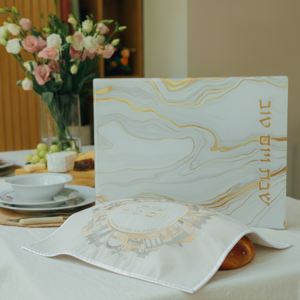 Unbreakable glass Shabbat challah tray in a golden marble design - Marble Gold Series