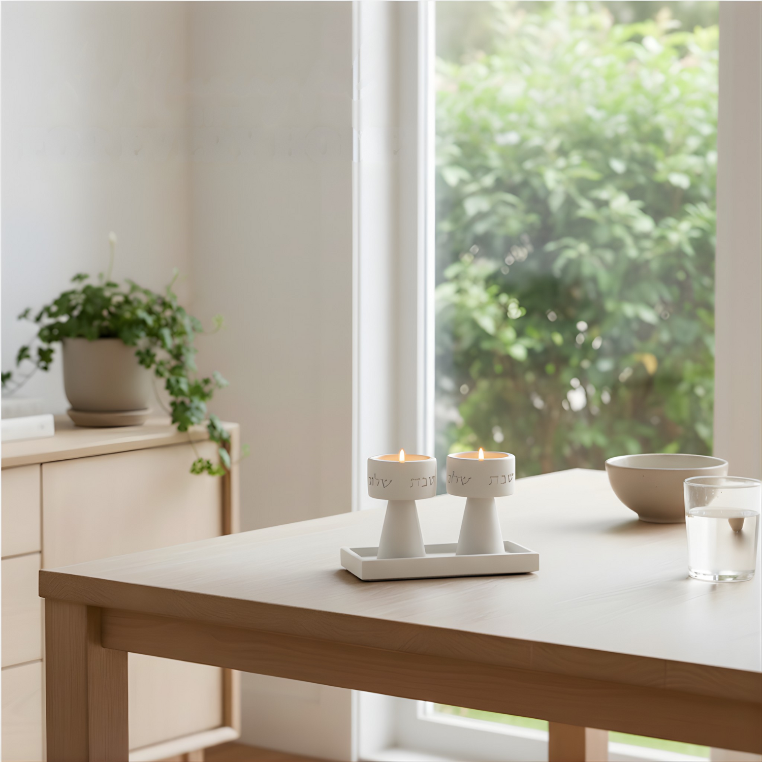 Traditional Shabbat Candle Holders with Contemporary Concrete Tray - Timeless Glow Series