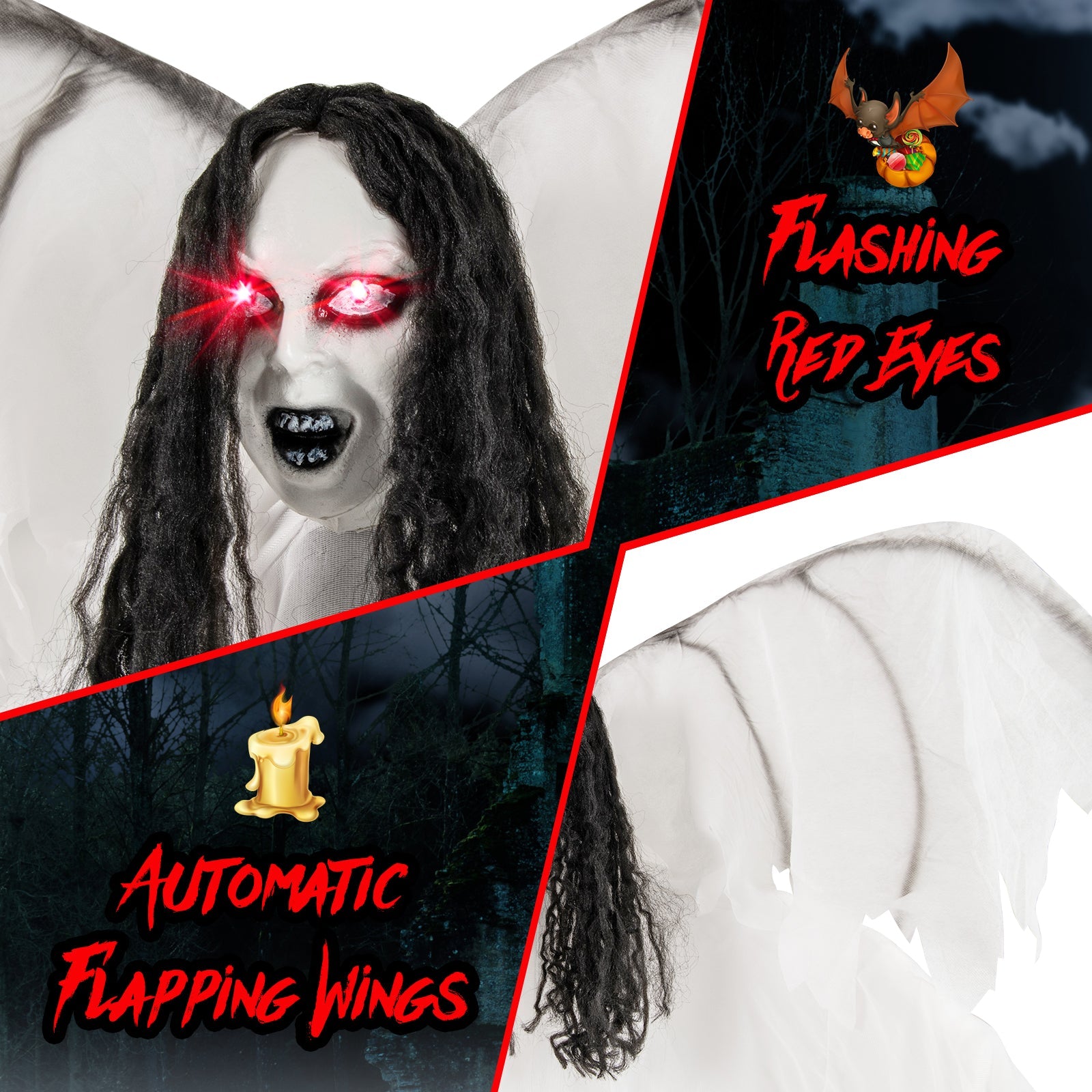 6.6 Feet Halloween Animatronic Standing Angel with Sound-Activated Light-up Eyes and Flapping Wings