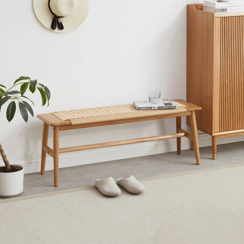 Dining Bench Solid Oak Handwoven Cane Seat Natural 31.5 In