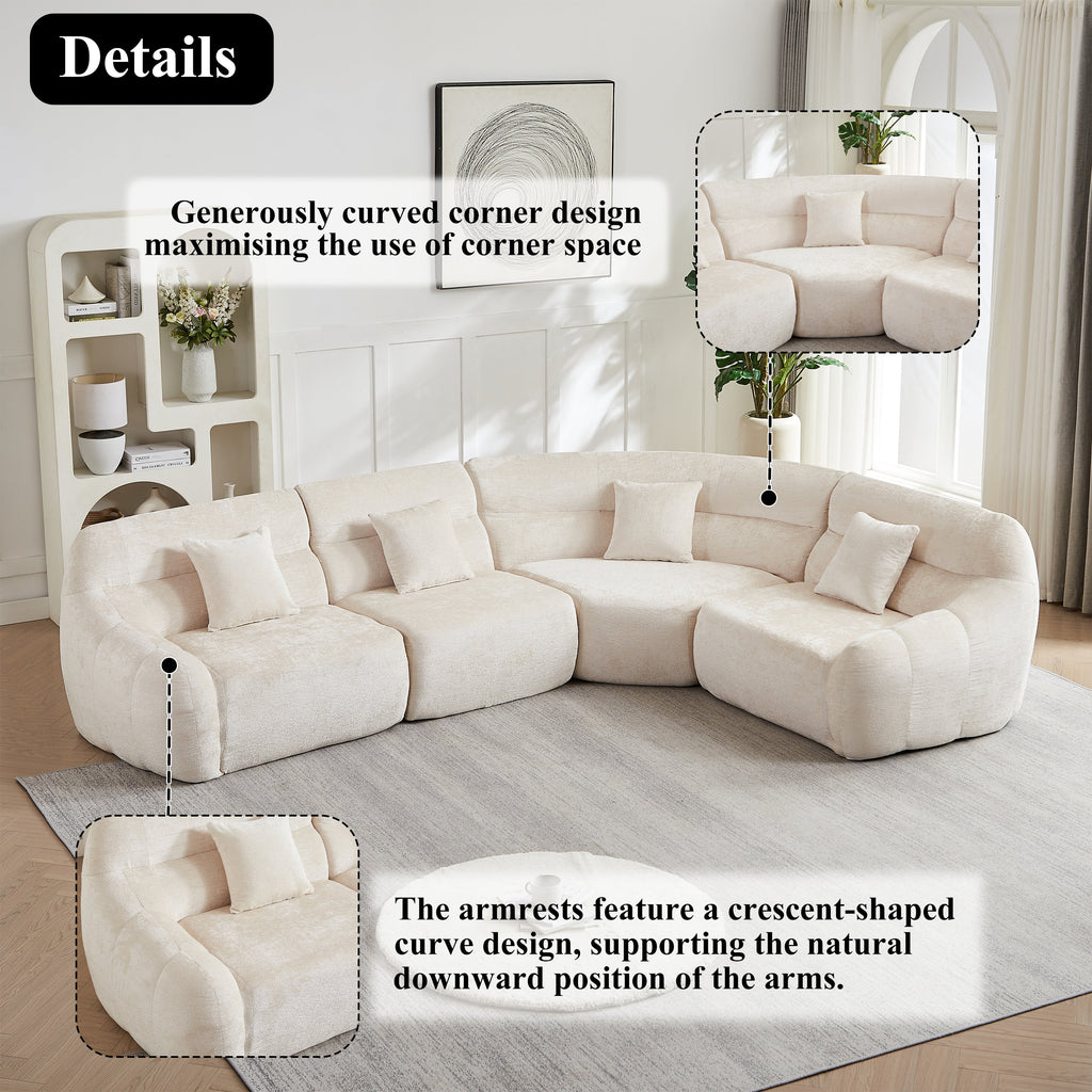 Sectional Sofa Curved Modular Chenille Beige 4 Seat 900 LB No Assembly