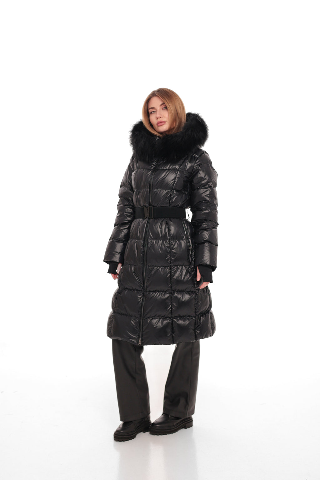 Cyrus Genuine Fur Trim Down Fill Coat in Black