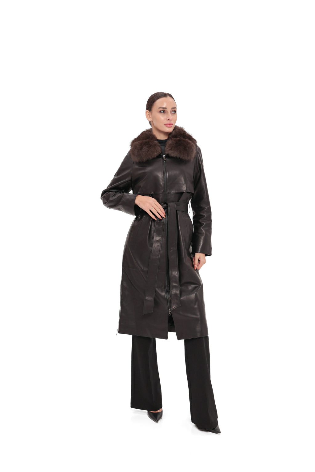 Genuine Leather Polar Fox Trim Coat