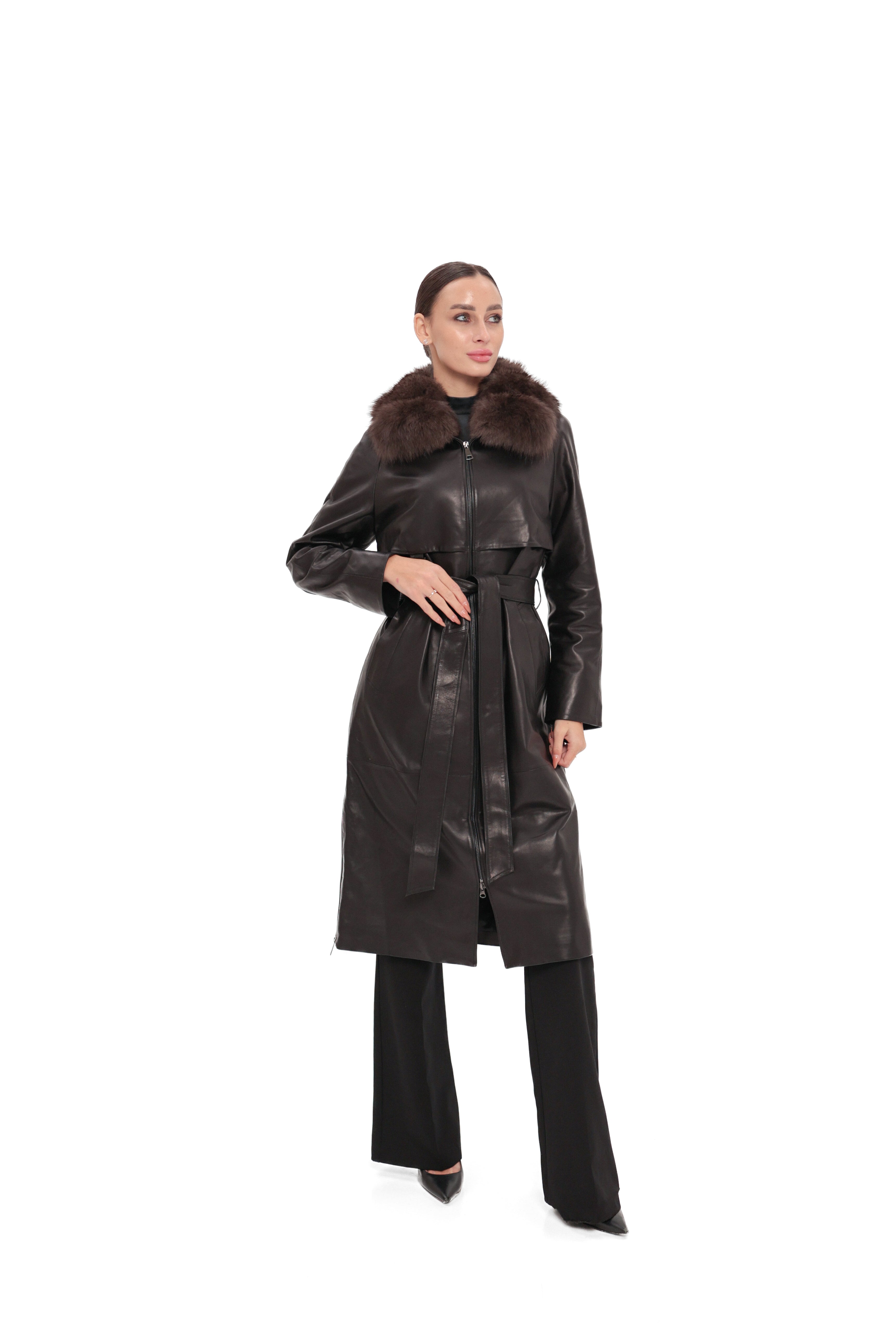Genuine Leather Polar Fox Trim Coat