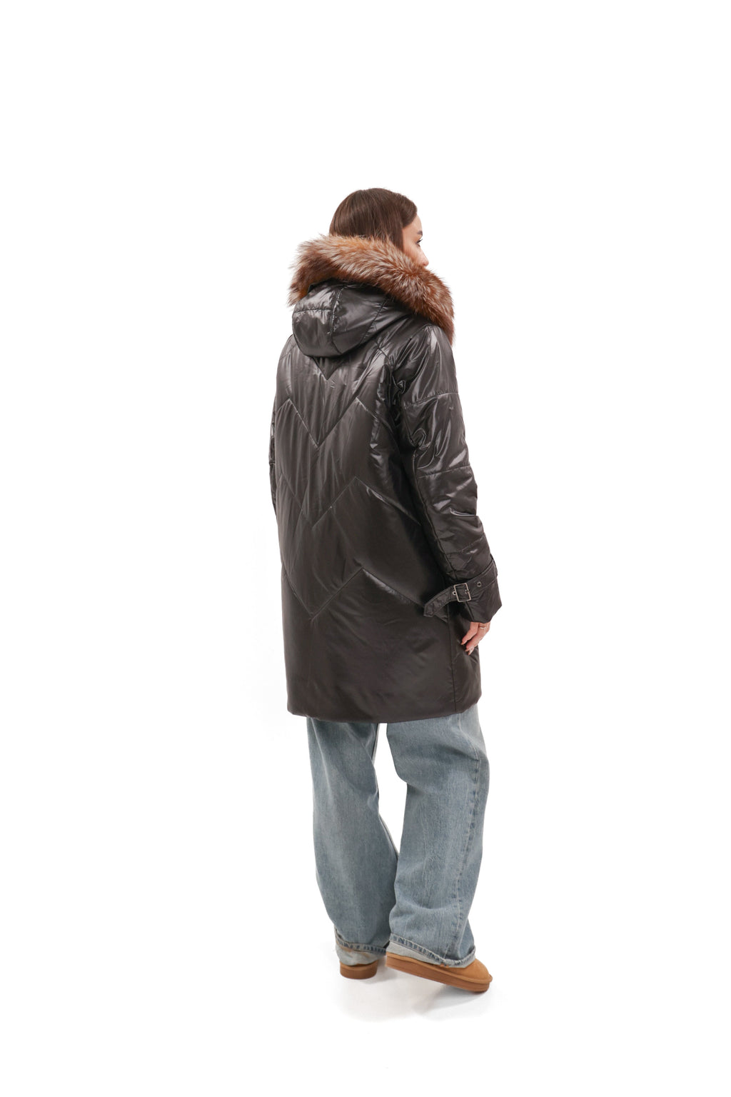 Genuine Fox Fur Trim Mid Length Coat