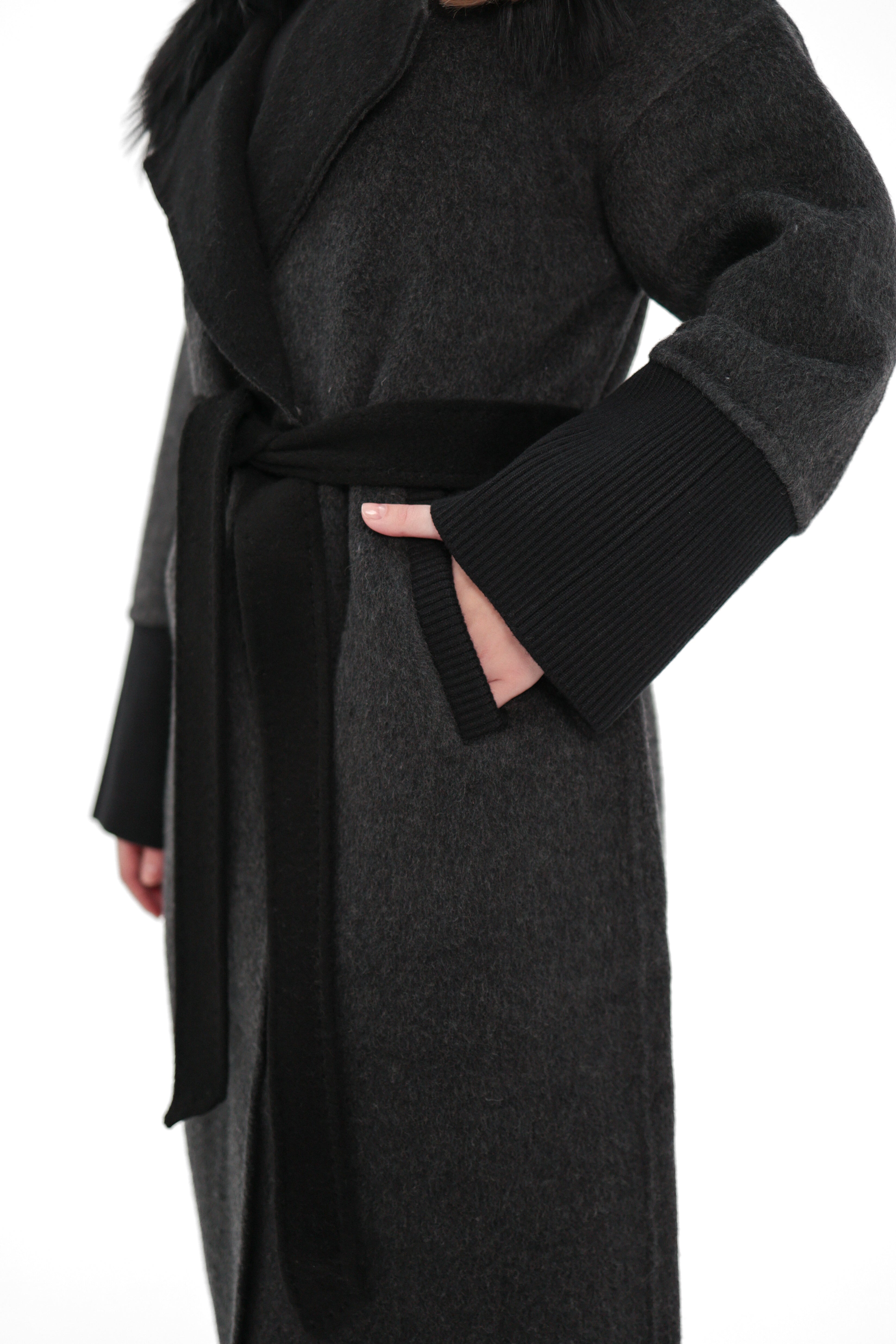 Boston Genuine Silver Fox Cashmere Blend Double-Face Coat in Graphite