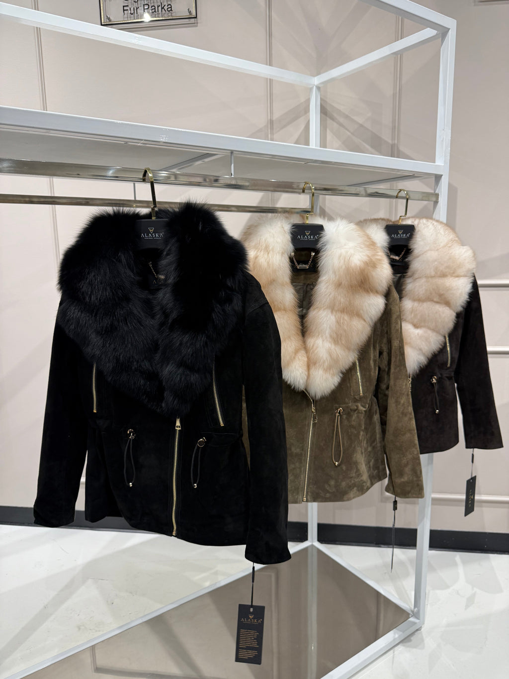 Vivienne Genuine Suede Polar Fox Trim Coat in Black