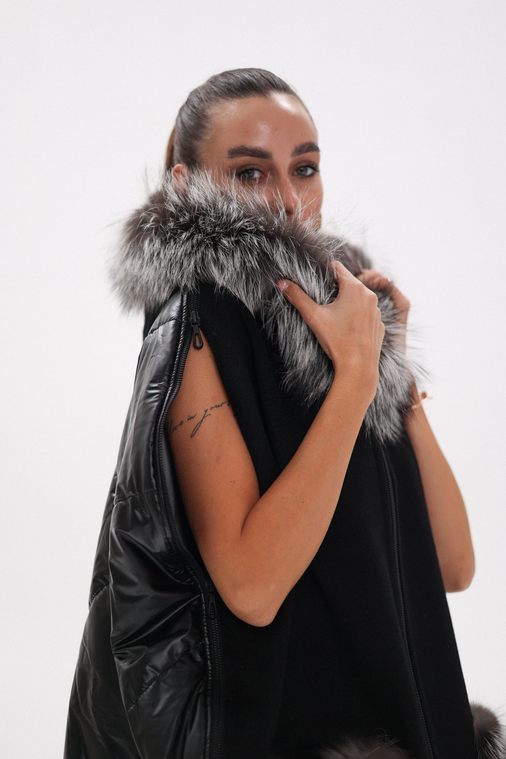 Saga®Furs Silver Fox Wool Alpaca Poncho Vest in Black