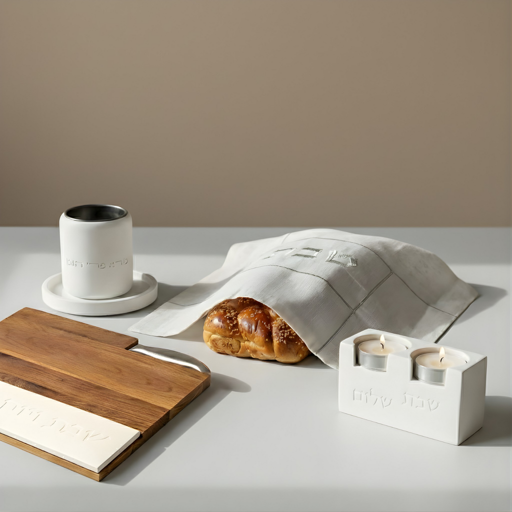 Shabbat challah tray made of high-quality wood with concrete base and knife – Board & Blade series