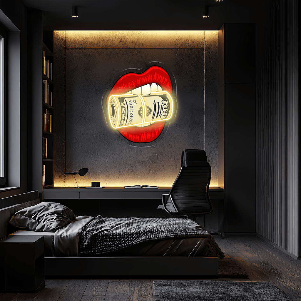 Kiss Dollars LED Neon Wall Sign - Clear Acrylic Backing Gaming Contemporary Decor