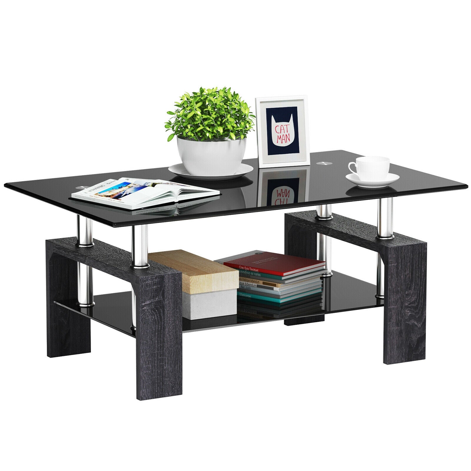 Rectangular Tempered Glass Coffee Table with Shelf