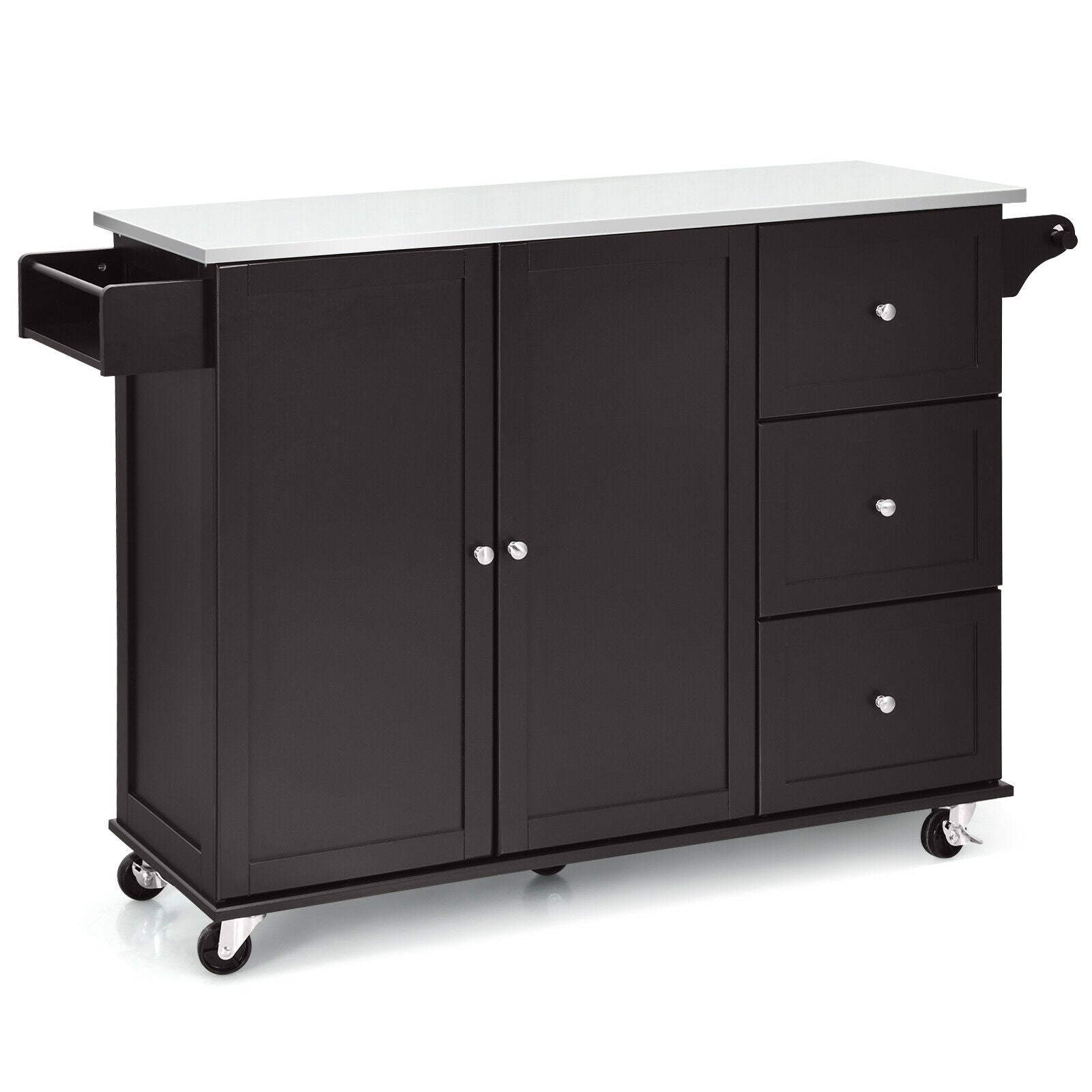 Kitchen Island 2-Door Storage Cabinet with Drawers and Stainless Steel Top