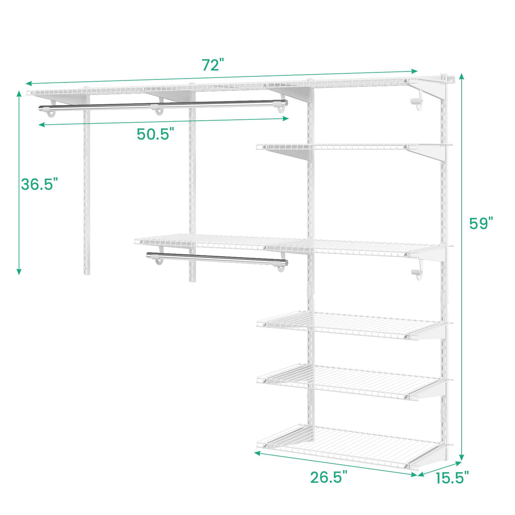 Adjustable Closet Organizer Kit with Shelves and Hanging Rods for 4 to 6 Feet