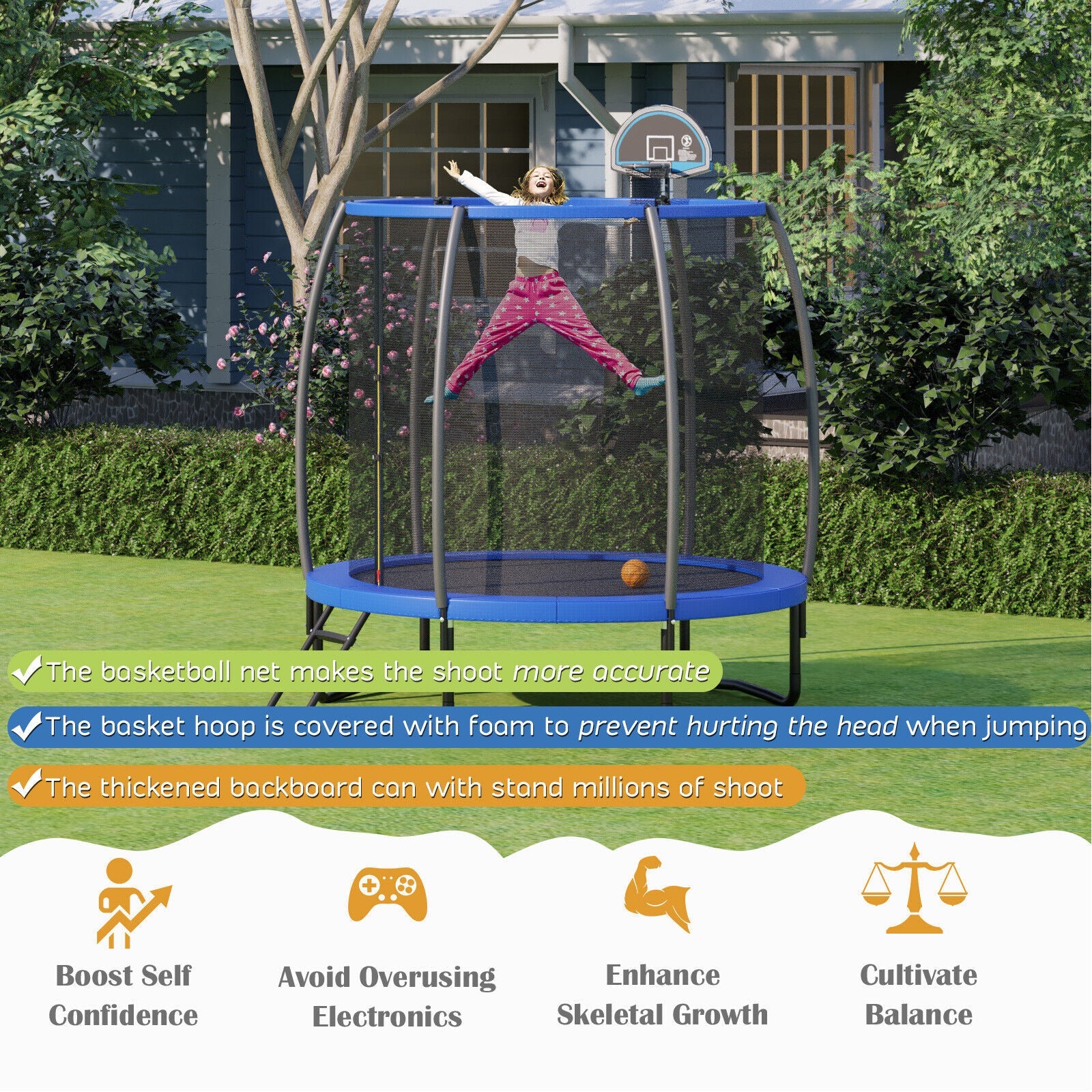 8/10 Feet Recreational Trampoline with Basketball Hoop