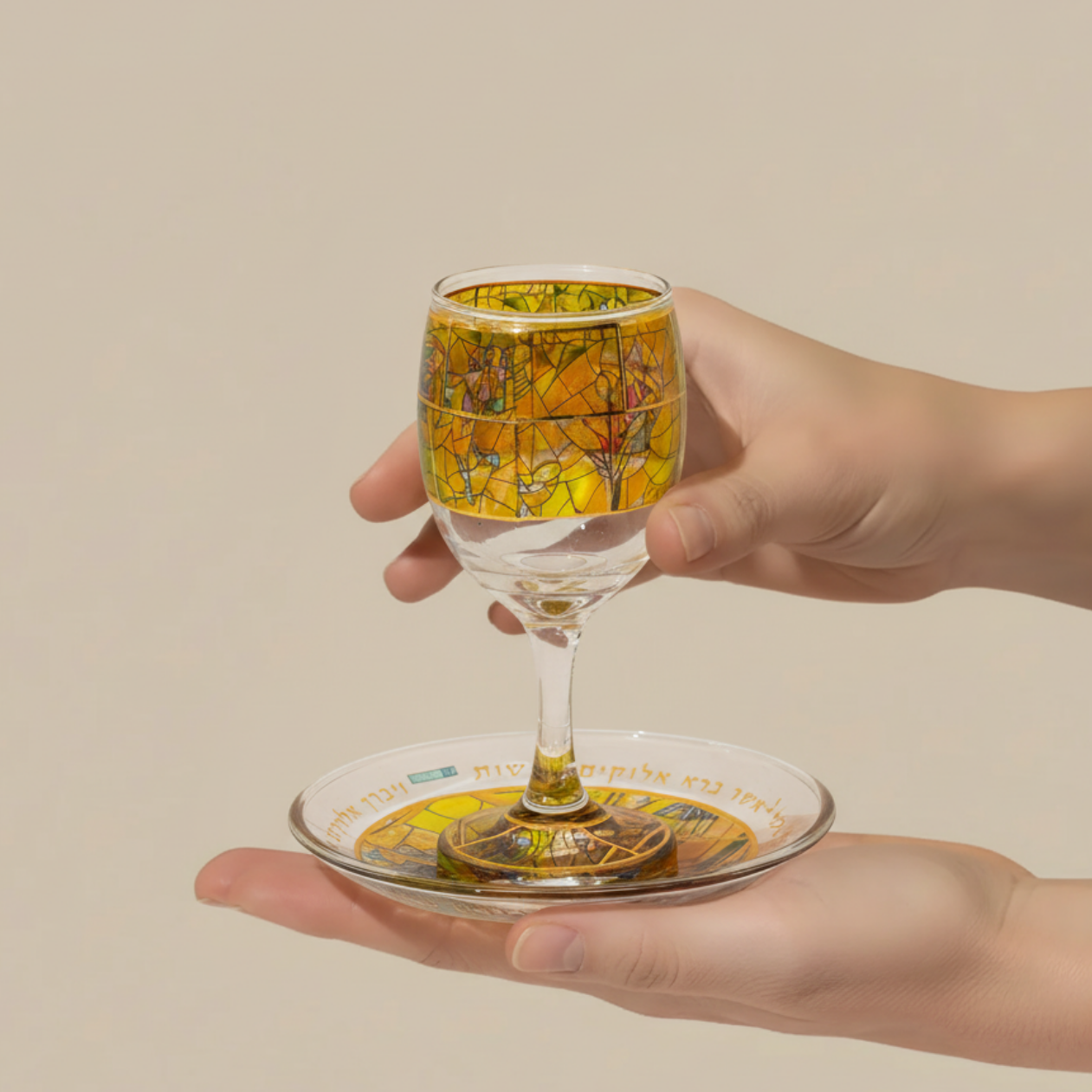 Chagall-Inspired Kiddush Cup with Laser Engraving and Base – Chagall Glass Series
