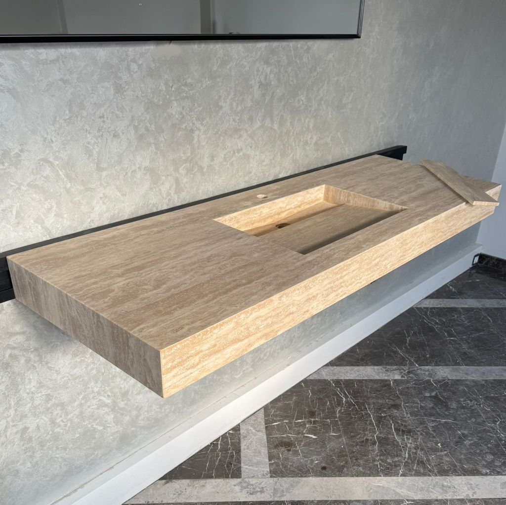 Vein Cut Travertine Natural Stone Bathroom Sink - Handmade Modern