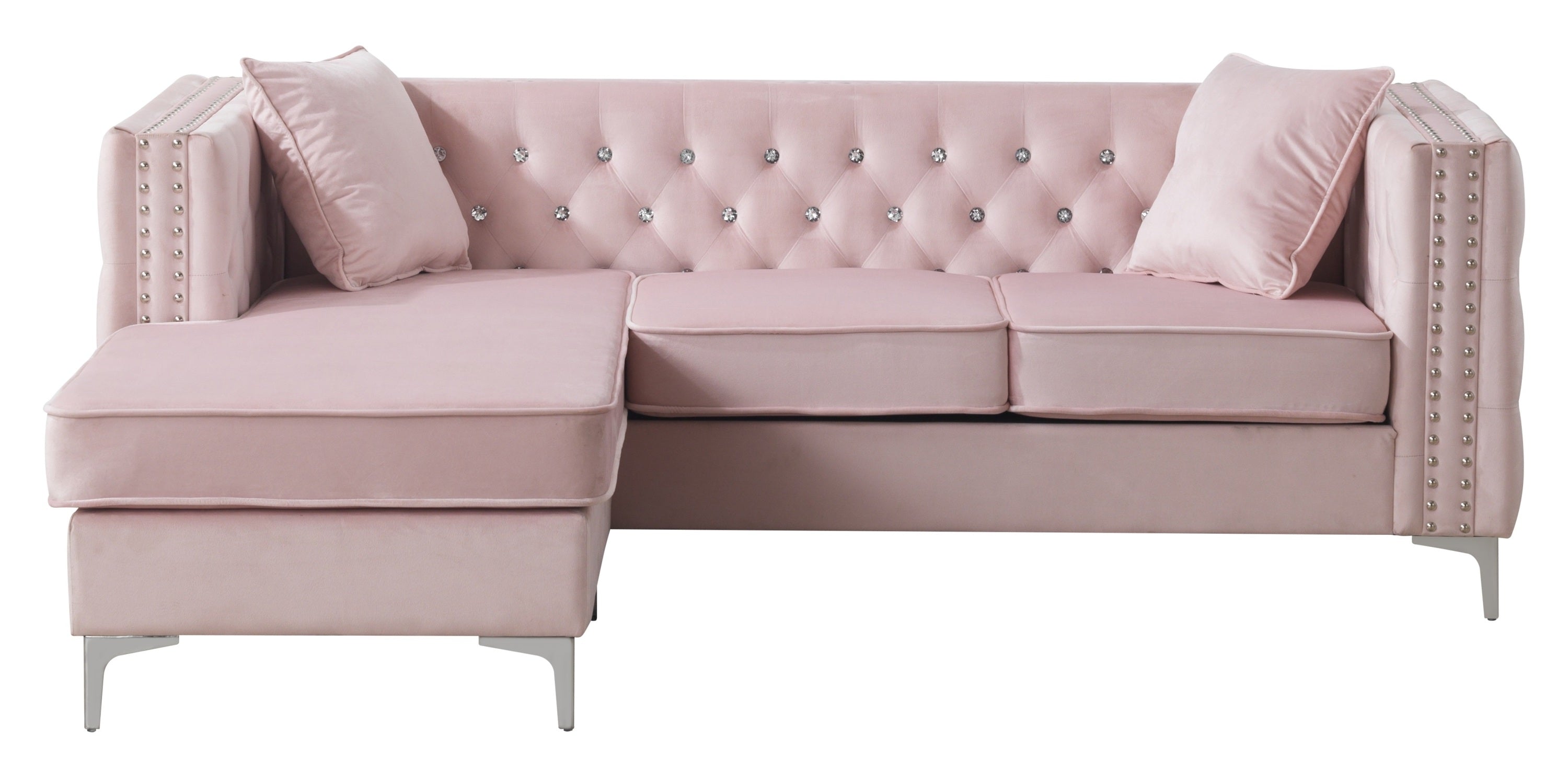 Sofa L-Shape Velvet Pink 3 Seat Tufted Chaise 87 In