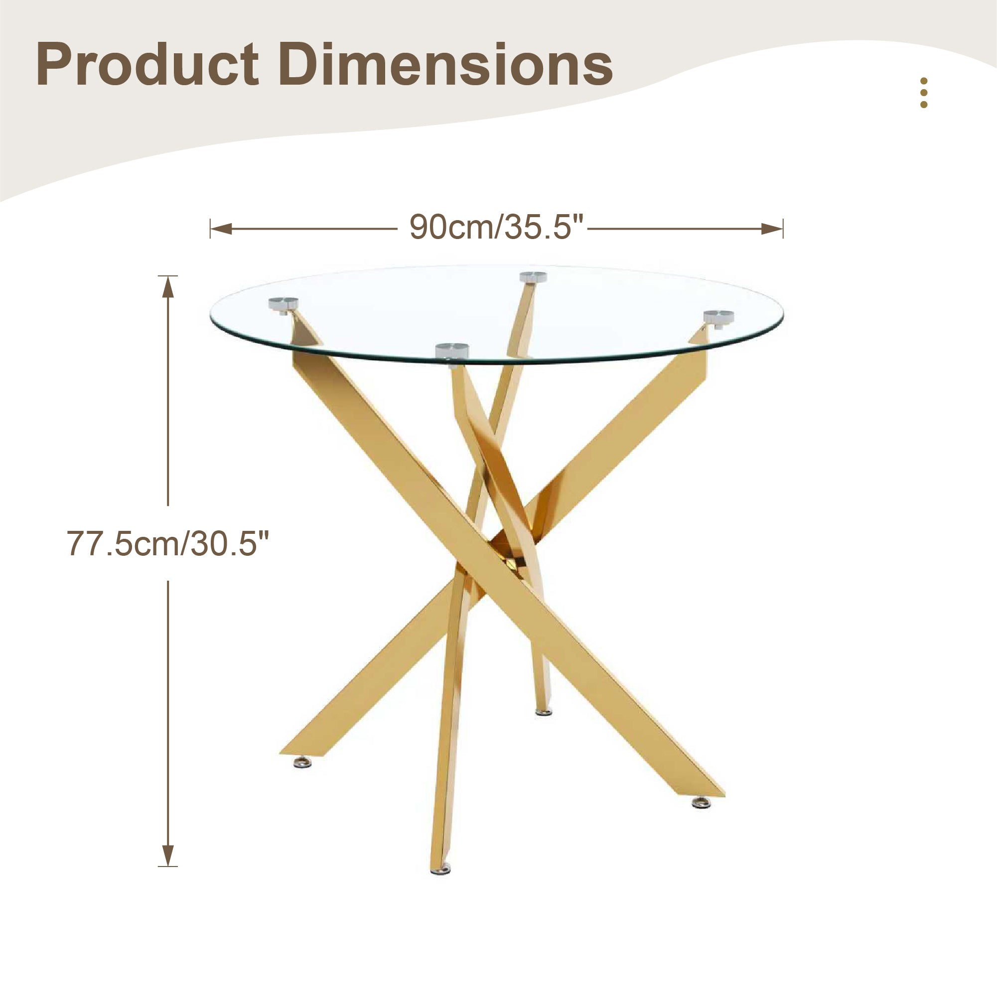 Round Glass Dining Table Set for 4, 35.5' Glass Dining Table with Gold Legs,