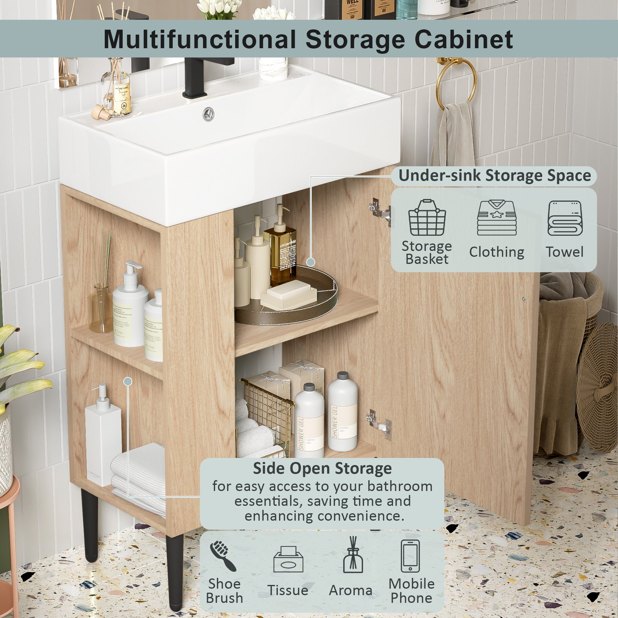 Modern Wood Bathroom Vanity with Ceramic Sink, Left Side Storage, 21.6' W x 1...