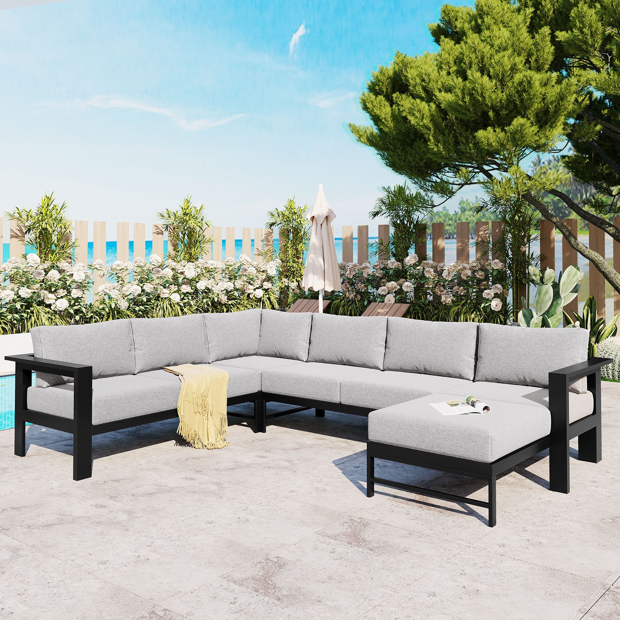 Outdoor Sectional Set Iron Gray U-Shape Seats 5 to 6 5.9 In Cushion