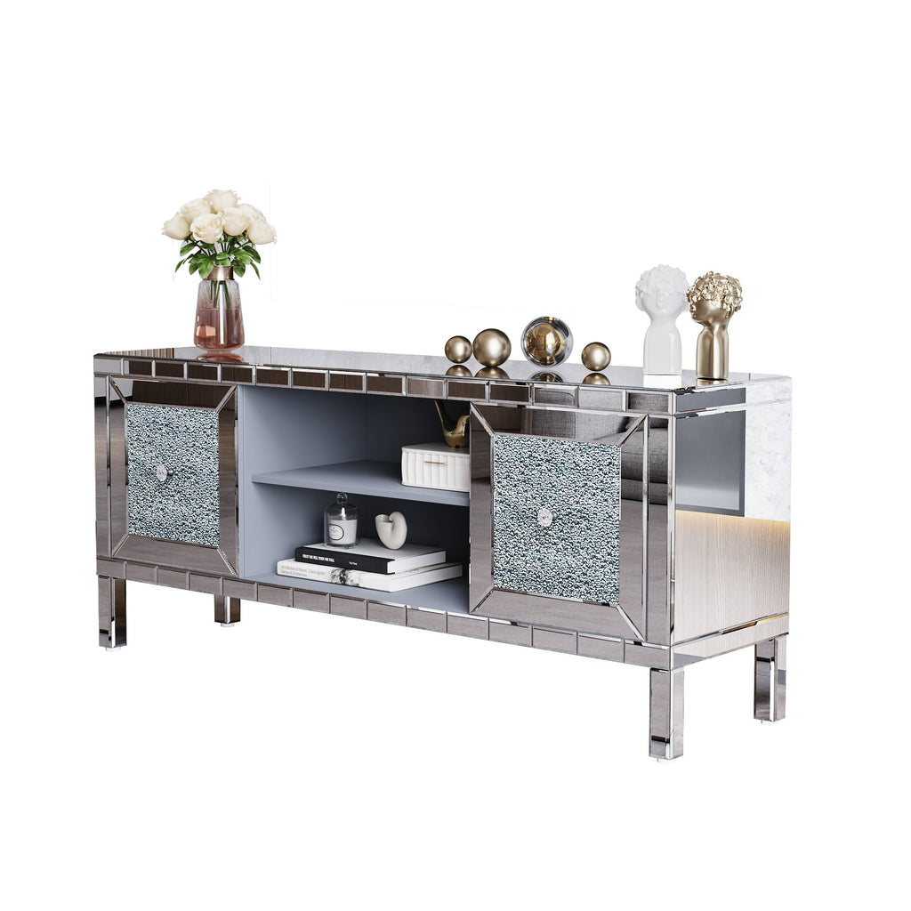 TV Stand Mirrored Crushed Diamond Glass Silver 59 In Fits 65 In TV